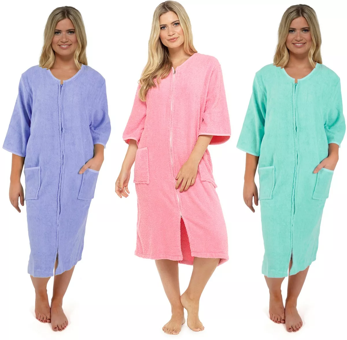 Ladies Pure 100 Cotton Zip Towelling Dressing Gown Bath Robe Spa
