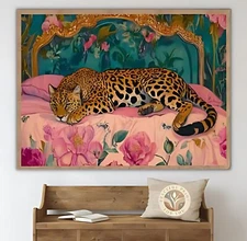 Sleepy Leopard In Vintage Bed Canvas Poster Maximalist Wall Art Leopard 126