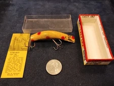 Kautzky Vtg Original Lazy Ike-3 Yellow with Red Polka Dots Fishing Lure w/ Box