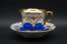 Vintage Meissen B-Form Tea Cup & Saucer German Crafted Blue/Gold w/Flowers. #1