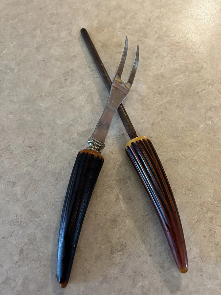 Vtg Faux Bone Antler Handle Knife Sharpener 11" Steel Rod and Meat Fork - Image 2 of 4