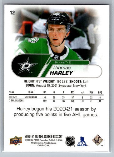 2020-21 Upper Deck NHL Star Rookies Box Set #12 Thomas Harley Dallas Stars - Picture 2 of 2