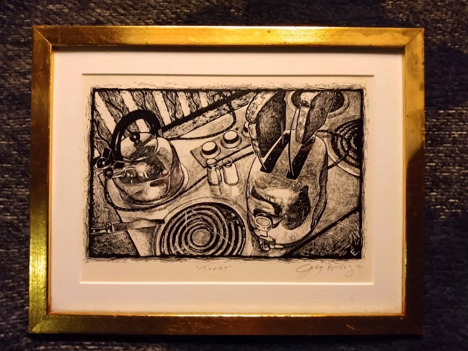 Grabado original "TOSTADAS" por Greg E. (?) 1991. Tostadora muy chula, estufa de cocina Foto 2 de 4