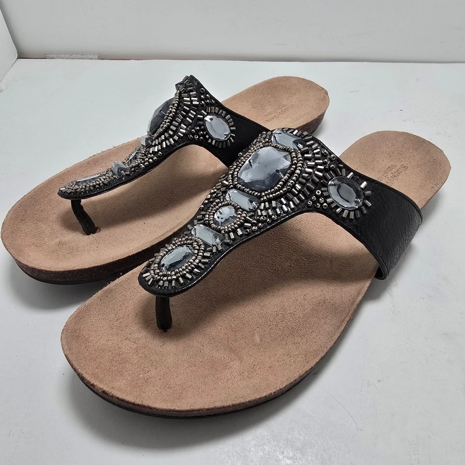 Simply Vera Vera Wang Womens Black Leather Embellished Thong Sandals Size 7 Med - Image 3 of 4