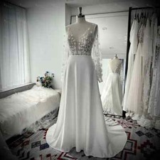 Elegant A Line Wedding Dresses 3D Lace Appliques Plunging Neck Open Back Gowns
