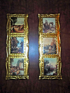 Vintage Pair Italian Florentine Gilt Tole Wood 3 Scene Plaques Hollywood Regency
