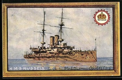 Artist Postcard Battleship H.M.S. Russell At Anchor, Warship