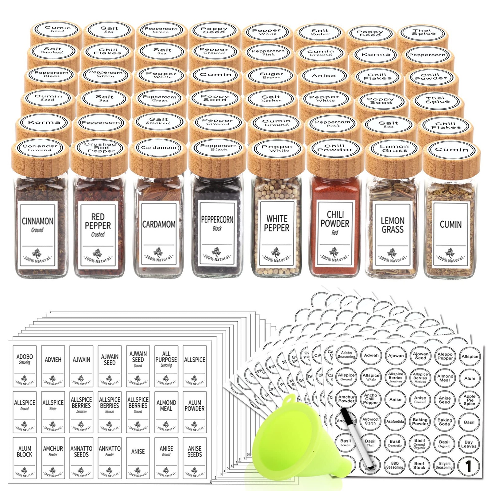 48 Glass Spice Jars with 806 Labels – 4 oz Square Bottles for Spices