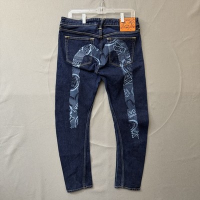 Evisu Mens Jeans Blue Large Print With Brand RARE Authentic 33x28 Handcrafted