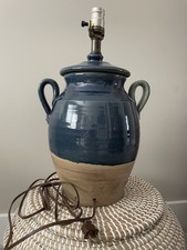 Rowe Pottery Lg 1993 Blue/Beige Salt Glaze Stoneware Jug Lamp -jug 13” EUC