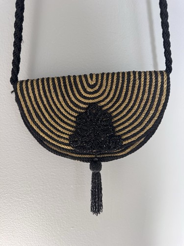Zara Metallic thread bag Beaded tassel EUC Boho Flapper Magnetic Closure Black