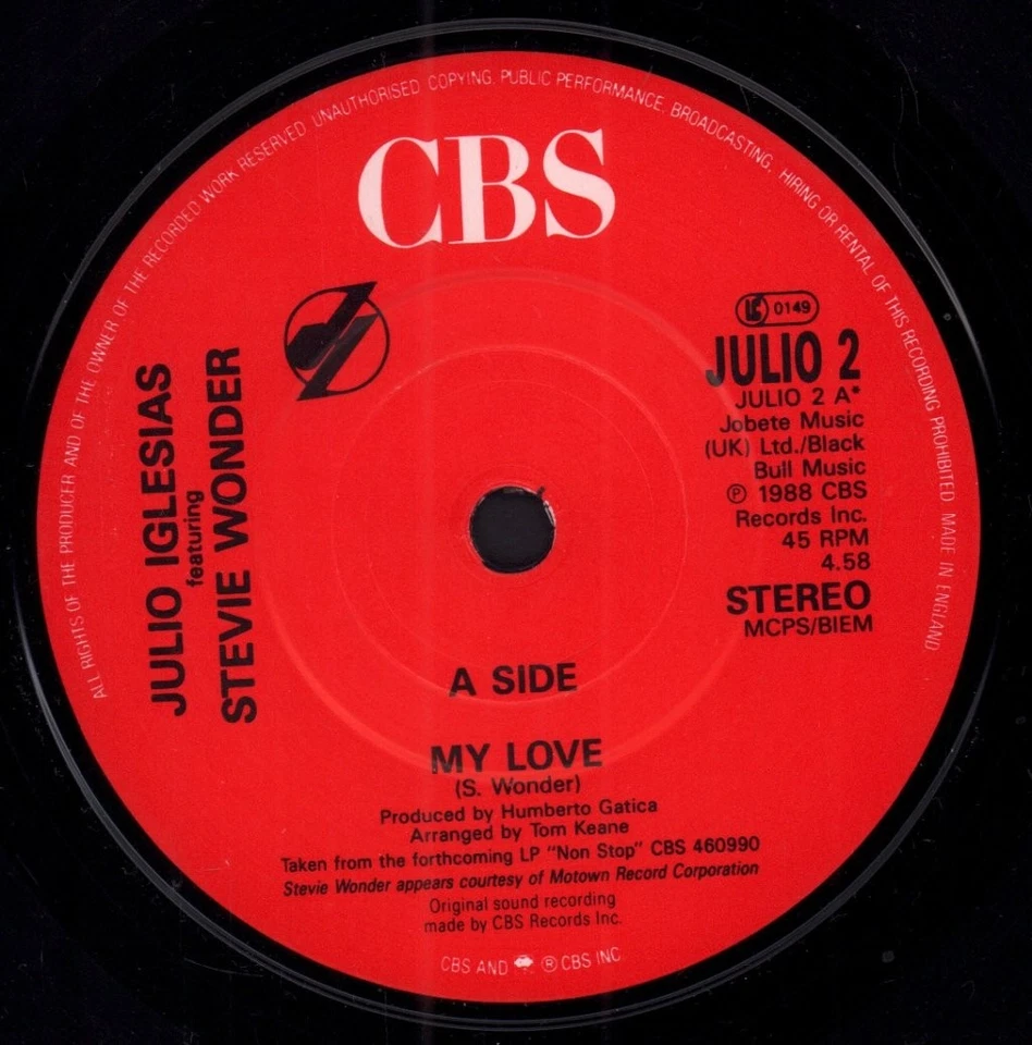 Julio Iglesias Featuring Stevie Wonder My Love 7" vinyl UK Cbs 1988 pic sleeve - Image 3 of 3