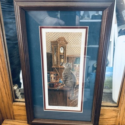 Framed Kitty & Antique Clock , vintage 16 
