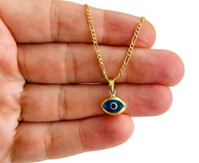 14K Solid Gold Evil Eye Charm Pendant with 2mm Figaro Chain 18" Necklace -PT452