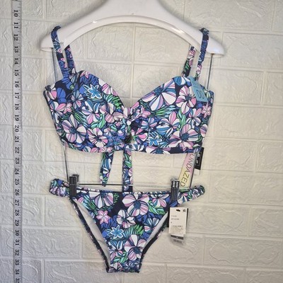 SUNDAZED Azure Beka Floral Print Bow Bikini Underwire Top Size 34dd  M btms NWT