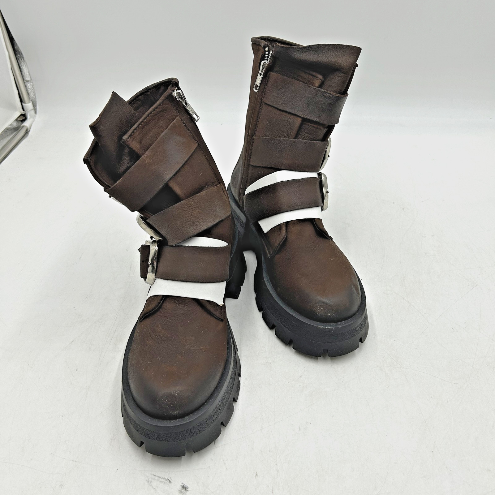 S Boots Leather Buckle Strap Side Zip Chunky Brown Size 8
