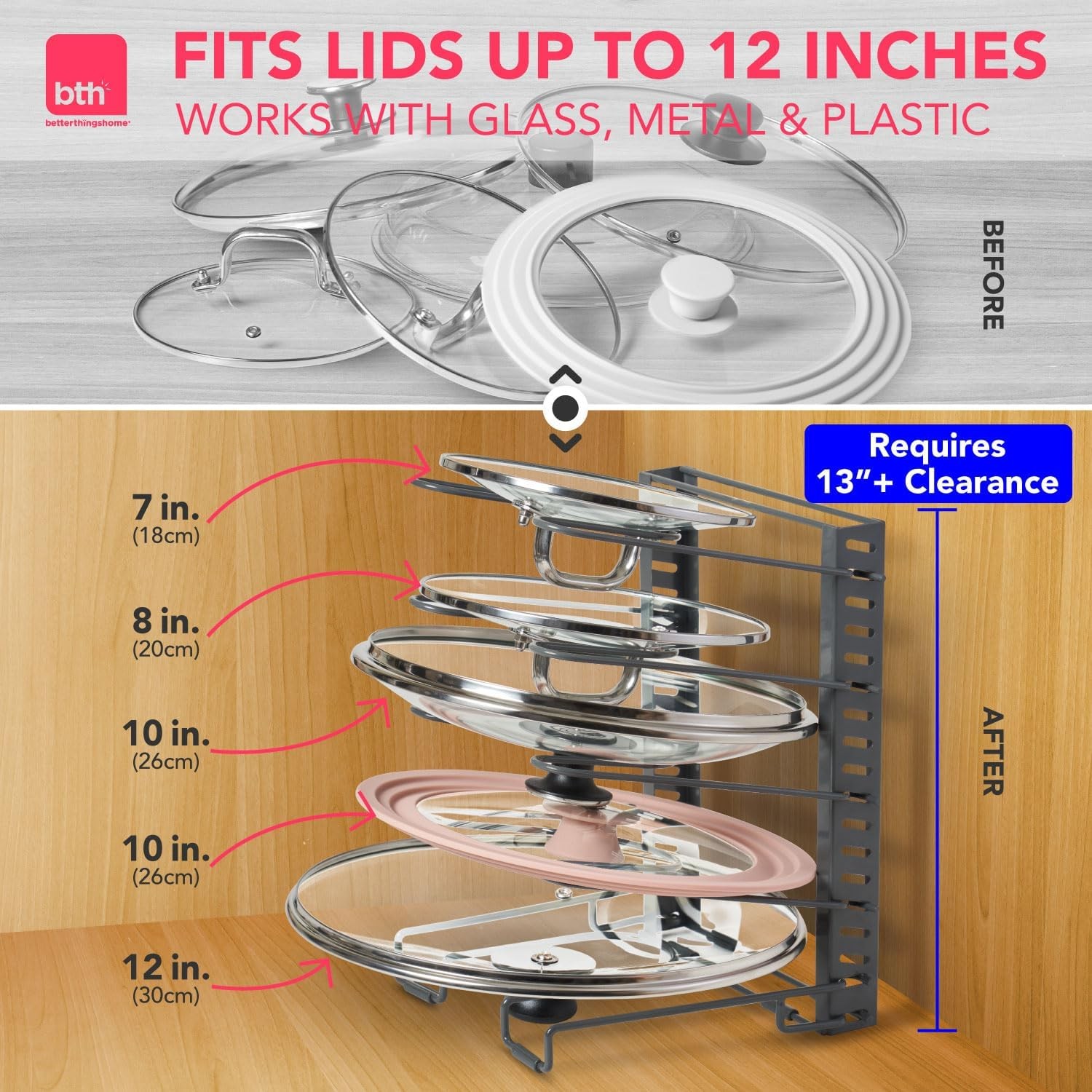 Adjustable Pot Lid Organizer Kitchen Cabinet Rack Pan & Pot Holder 13"