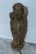 VINTAGE SOLID STONE EUROPEAN SCULPTURE OF A SAINT HOLDING A CHILD