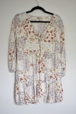 American Eagle White Floral V-Neck Balloon Sleeve Button Tie Mini Dress Size M