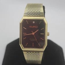 Vintage Helbros Diamond Quartz Watch Mens 25mm Rectangular Stainless Band