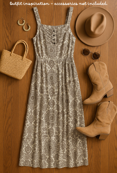 Women's Denim 24/7 Brown & Cream Prairie Maxi Dress, 18W, Plus Western, Fall