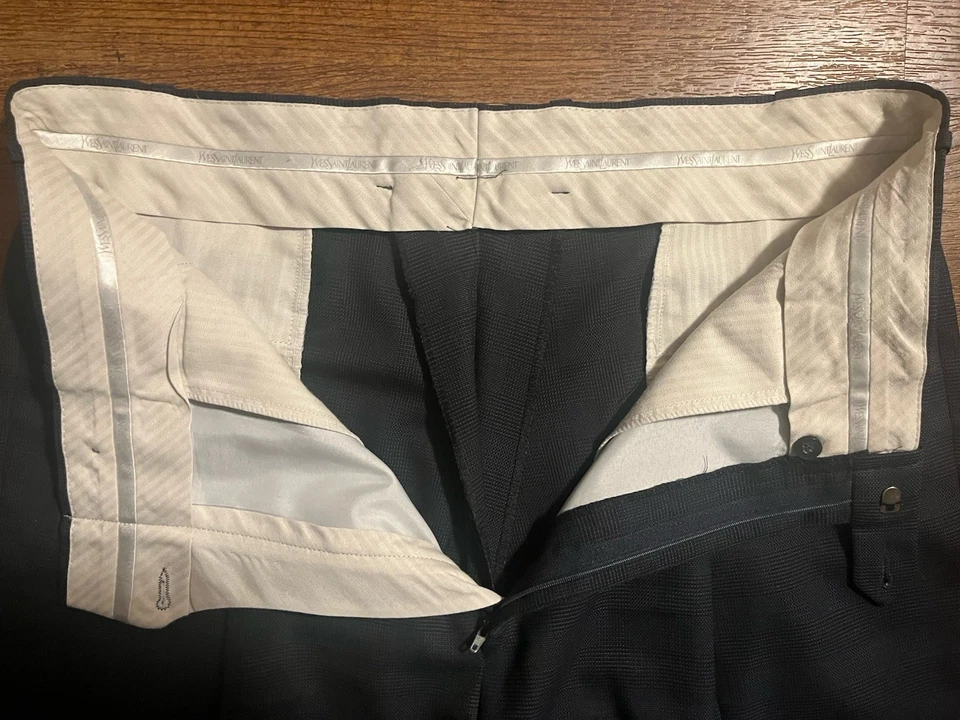 Vtg Yves Saint Laurent Men's 36x34 Blue Patterned Wool Trousers Pleated Cuffed - Image 4 of 4