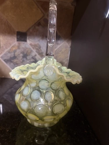 Vintage Rare Fenton Uranium Topaz Glass Basket, optic Coin spot Ruffled Top. HTF