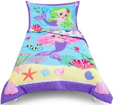 Mermaids Bedding Set for Girls - 4-Piece Bed Sheets and Comforter Set, Revers...