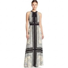 Vince Camuto Black Cream Baroque Geometric Halter Maxi Dress Sz 4 Hoco