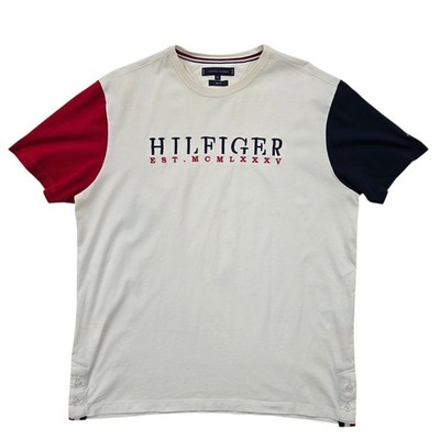 Tommy Hilfiger Mens T-Shirt White Colorblock Logo XL Short Sleeve Crew Neck