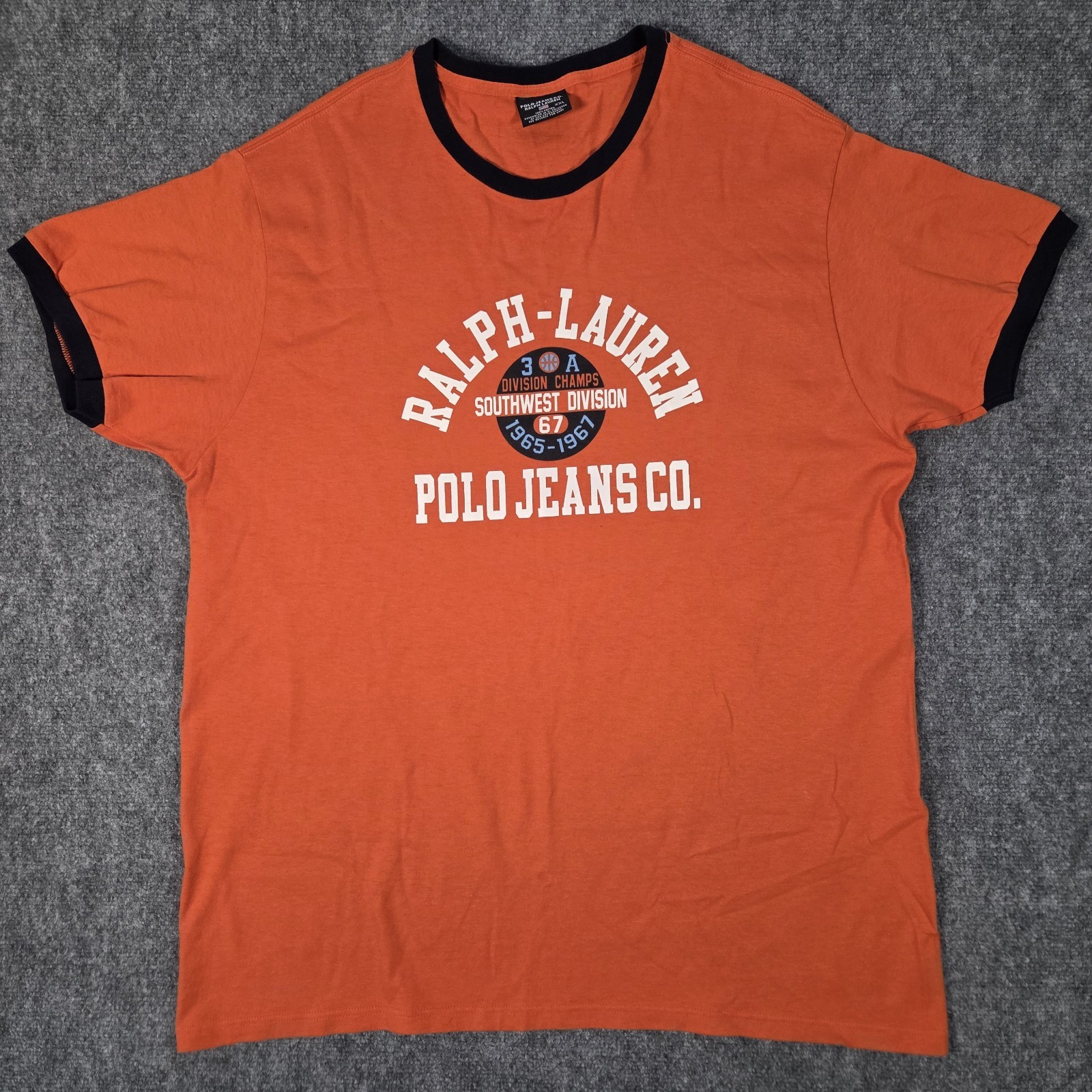 Vintage Polo Jeans Co. Ralph Lauren Mens XXL Ringer T-Shirt Orange Champs