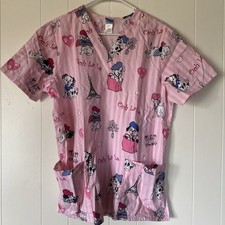 Disney Women Scrub Top M Pink Striped Graphic 101 Dalmatians DaDogs Hearts