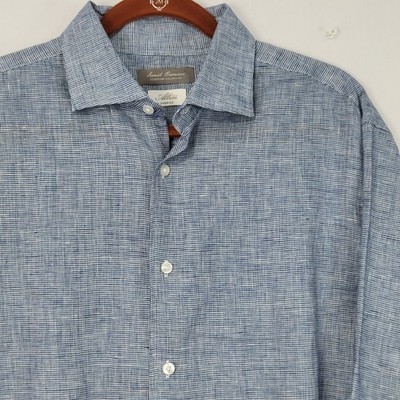 Cremieux Albini Italian Fabric Linen Button-Down Shirt sz L Blue Coastal Resort