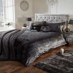 Charcoal Luxury Crushed Velvet Duvet Quilt Cover Bedding Set All