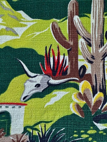40's Boots & Saddles Adobe Southwestern Cactus Pastoral Barkcloth Vintage Fabric - Picture 8 of 12