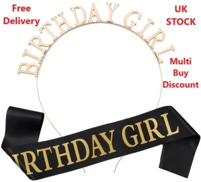 BLACK SASH BIRTHDAY GIRL TIARA RHINESTONE HEADBAND CROWN SASH PARTY WOMEN GIFT