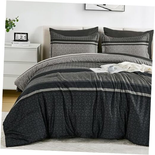 7 Pieces Comforter Set Size Striped Bed in a Bag Comforter and Queen Dark Grey