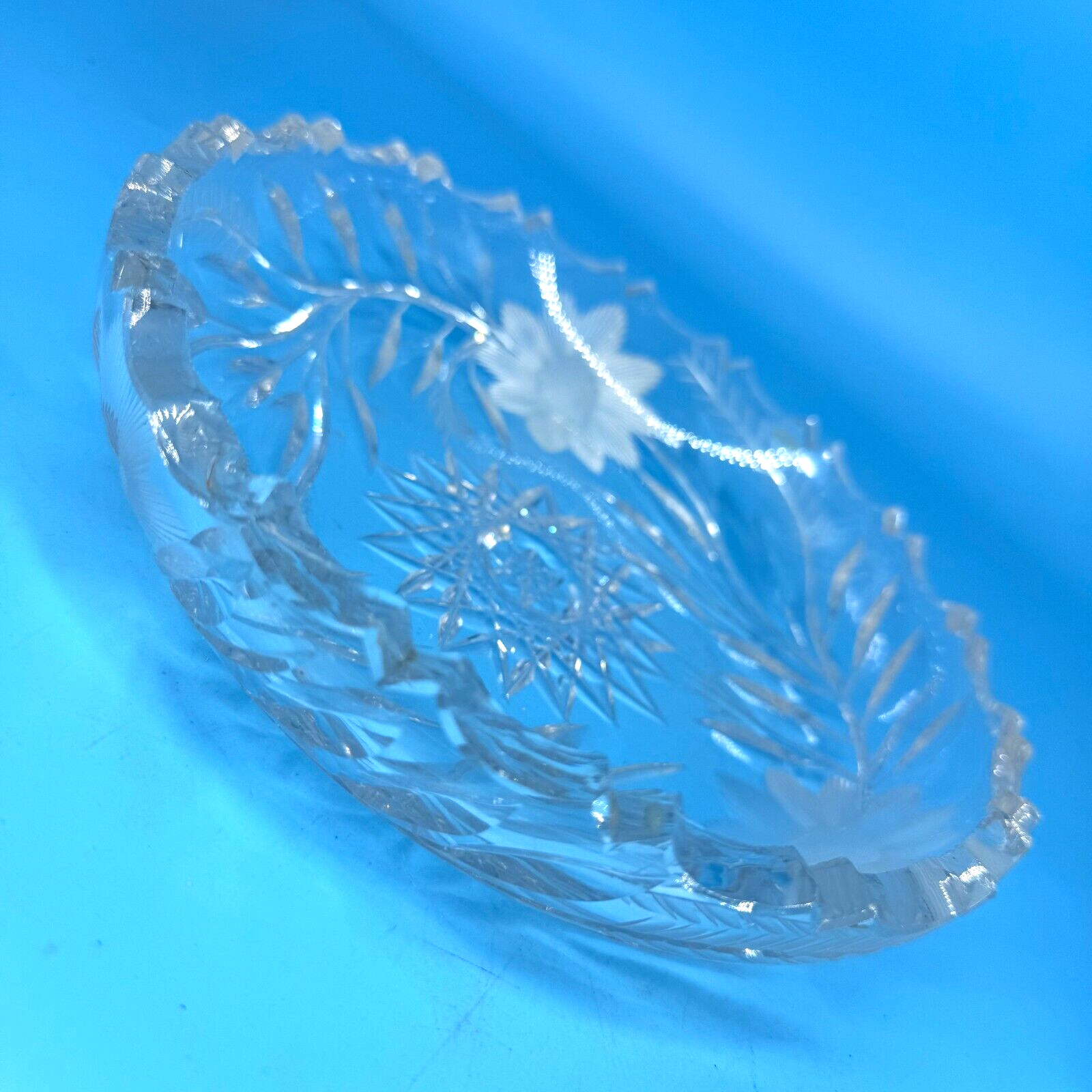 Cut Glass Plate Bowl Dish Relish Compote Sawtooth Floral 8"