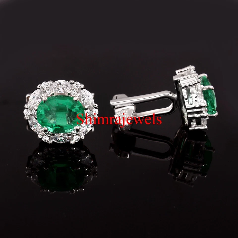 Gemas de esmeralda creadas en laboratorio con gemelos de plata chapados en oro blanco #1010 Foto 2 de 4