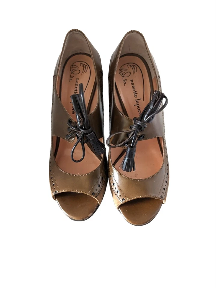 Zapatos de salón Nanette Lepore de cuero marrón punta abierta al tobillo de encaje para espectadores talla 7,5 Foto 3 de 4