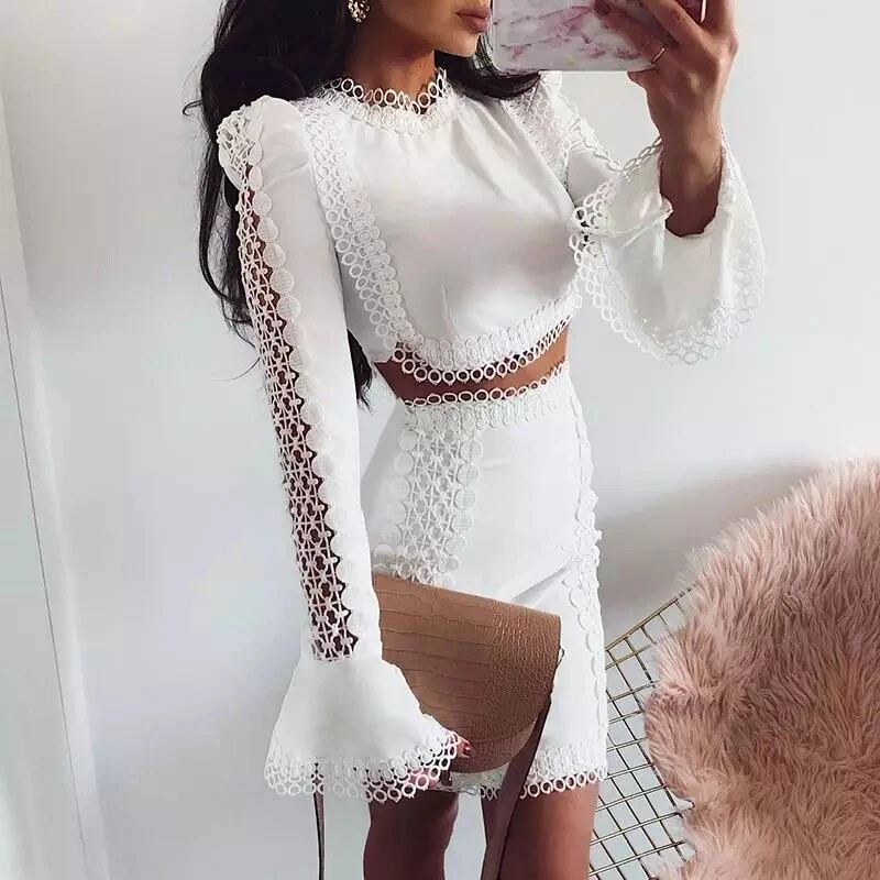 Frente Vivienda escanear Vestido blanco dos piezas traje conjunto elegante encaje moda 2019  instagram | eBay