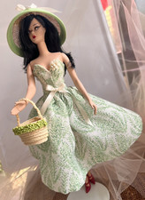 3 pc Barbie Doll classic Dress Hat for Silkstone spring green cream flowers bows