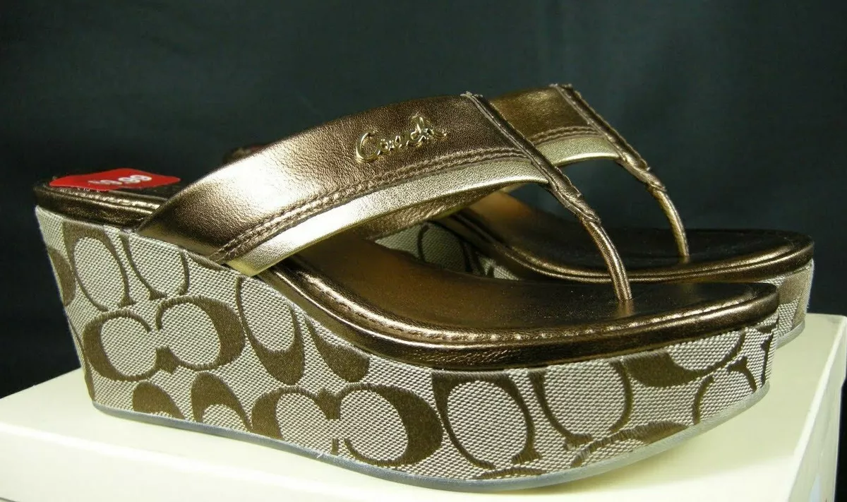 Coach Jody Women s Signature High Heel Wedge Metallic Leather Sandal Size 8 new