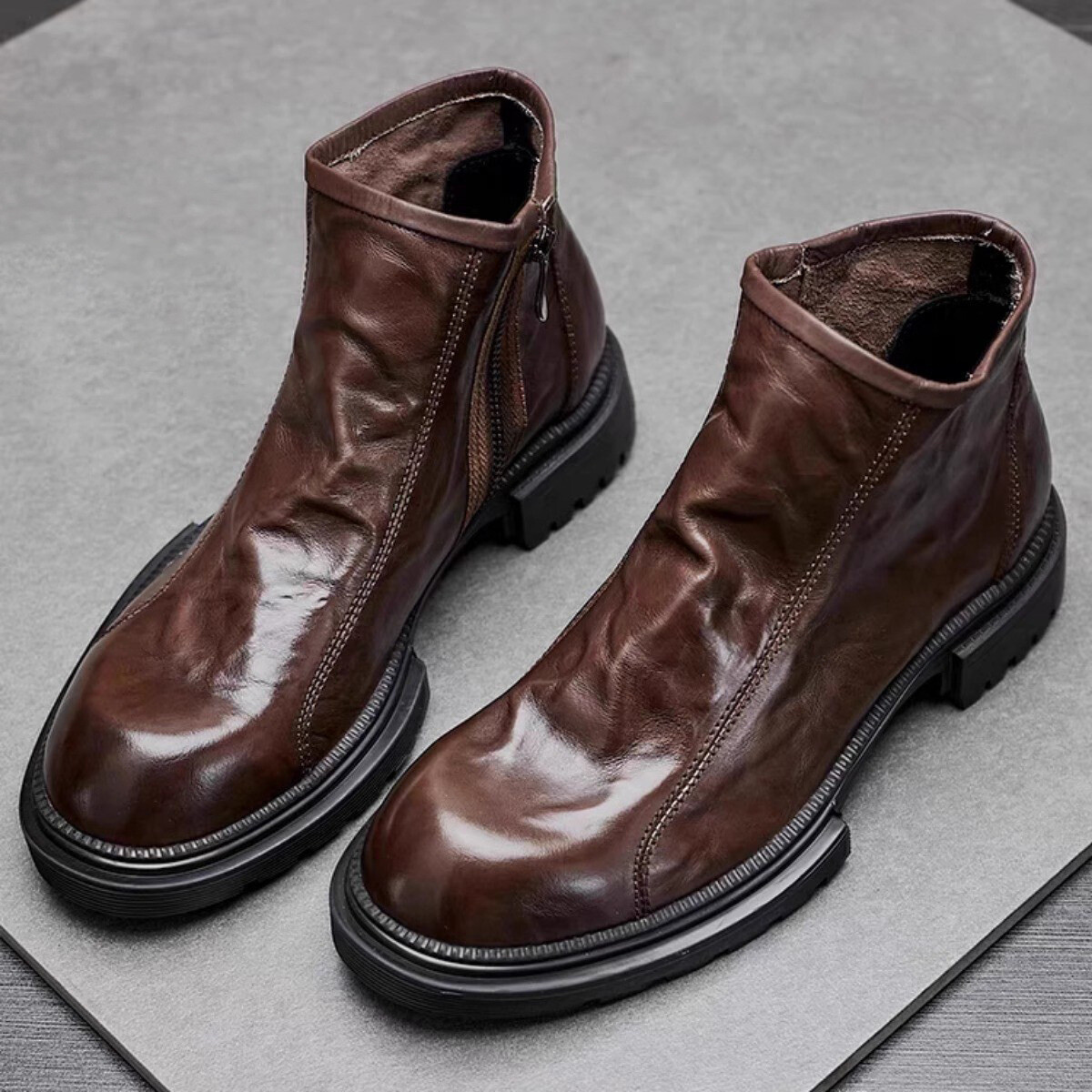 Retro Western Mens Chelsea Ankle Boots Round Toe Zipper Outdoor Motorcycle Shoes