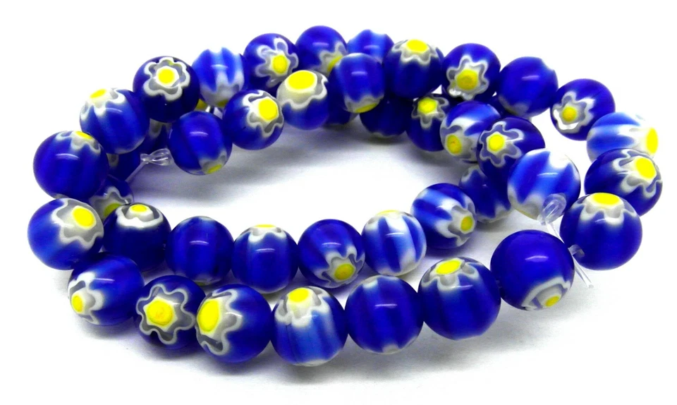 Millefiori Flower Glass Beads Blue & Yellow 8mm Approx 45pcs Featured Jewellery - Image 2 of 4