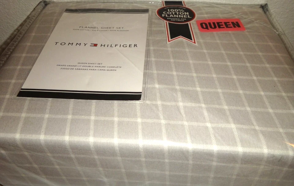 Juego de sábanas de franela TOMMY HILFIGER 4 PIEZAS QUEEN gris a cuadros 100 % algodón pesado Foto 2 de 4