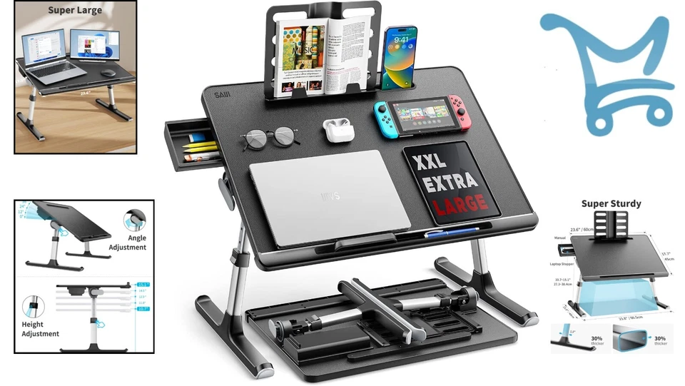 X-Large Adjustable Laptop Bed Tray Desk Foldable Storage Drawer Bookstand - Image 2 of 4