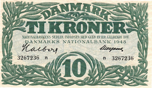 Denmark Kr.10 1948 AU P-37 Banknote Prefix n Paper Money - Afbeelding 1 van 2