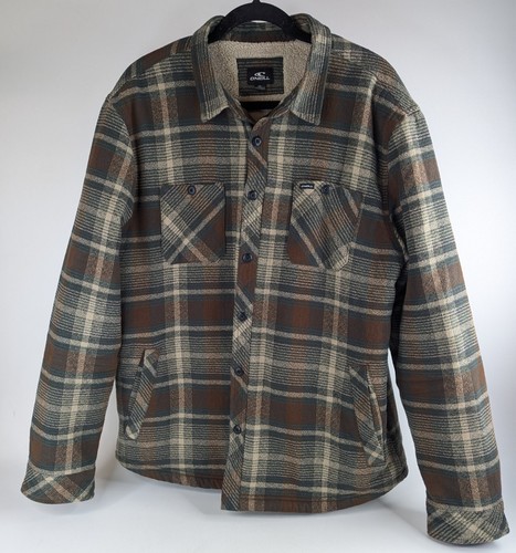 O’Neill Sherpa Lined Flannel Jacket XL Brown Plaid Fleece Shirt Shacket Heavywei - Picture 2 of 9