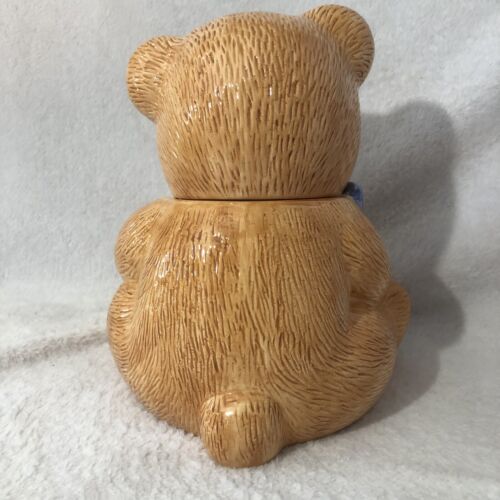Vintage Theodore Teddy Bear Cookie Jar with Blue & White Polka Dot Ribbon Bow - Picture 2 of 22